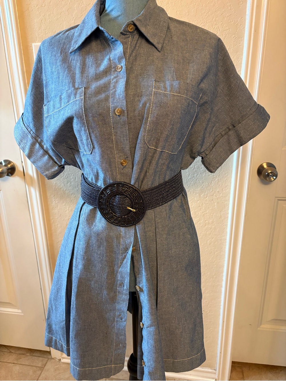 Banana Republic Blue Chambray Short-Sleeve Belted Midi Dress - Picture 8 of 9